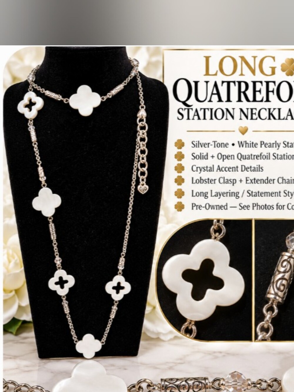 BRIGHTON LONG STATION NECKLACEπ€ Mother-of-Pearl / Shell Quatrefoil Stations